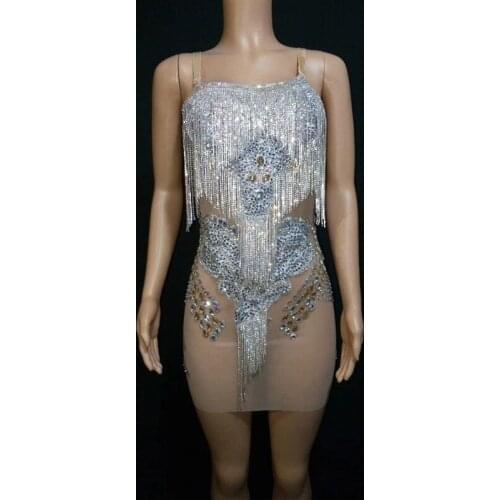 Sparkly Tassel Rhinestones Costume Festival Celebrate Dress Bar Evening Female Dancer Silver Fringe Dress Rave Outfit DT1359