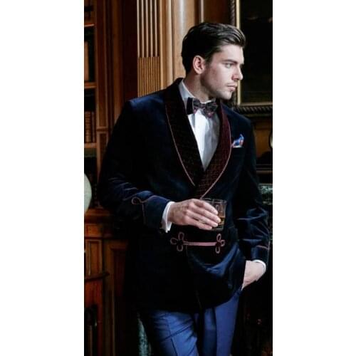 Dark Blue Velvet Smoking Jackets Burgundy Shawl Lapel Formal Tuxedos Loose Vintage Retro Dinner Party Prom Suit Blazer(1 Jacket)