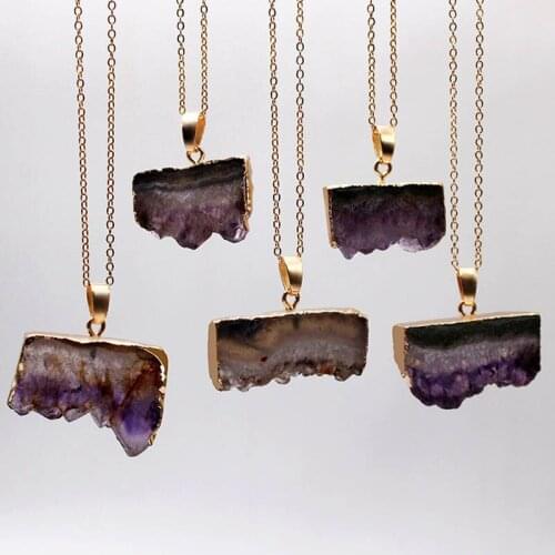 Weave Natural Purple Amethysts Crystal Druzy Hand-Cut Freeform Gemstones Goldtone Plated Pendant Necklace