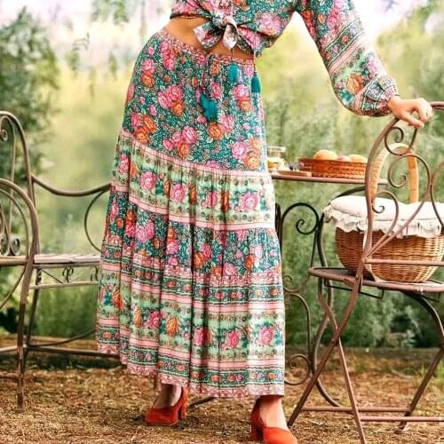 GypsyLady Floral Printed Skirt Boho Vintage Chic Summer Women Pleated Skirts Elastic Waist Tassels Holiday Female Ladies Skirt