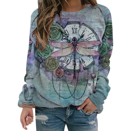 Clock Dragonfly Vintage Sweatshirt Women O-neck Scenery Printing Long Sleeves Sudaderas Pullover Women Clothes Толстовки И Худи