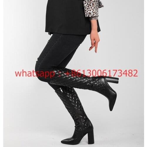 Elegant woman white black Rhombus Check knee high Boots Thick High Heel Pointed toe woman Rider Boot chunky heel woman knee boot