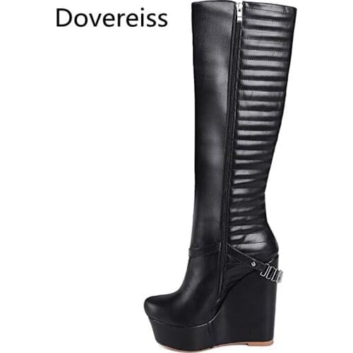 Dovereiss Fashion Womens Shoes Winter Pointed Toe Zipper Metal chain Wedges sexy new Ladies Boots new Knee high boots 35-43