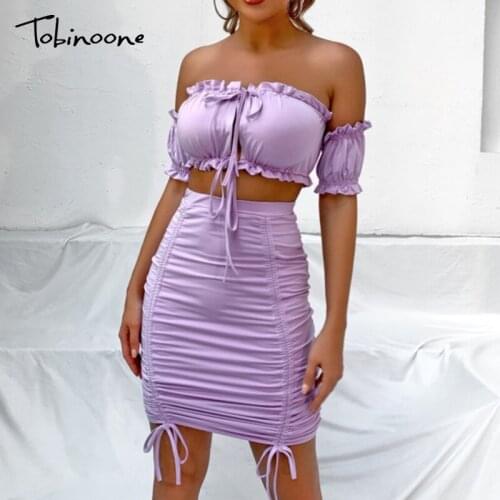 Tobinoone Ruched Off Shoulder Date 2 Piece Sets Lace Up Drawstring Casual Skirt Sets Backless High Waist Sexy Party Womens Sets