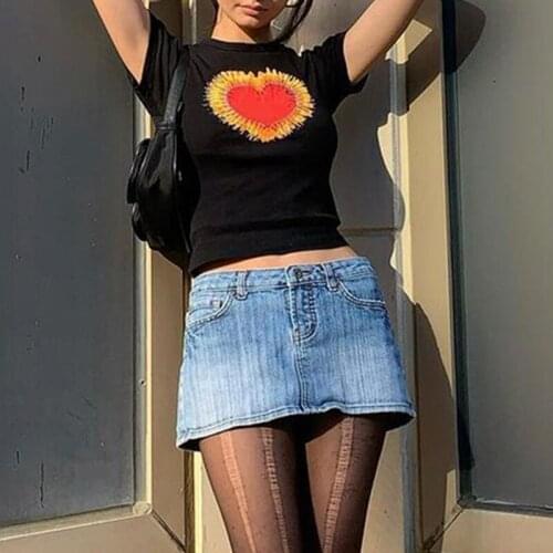 Harajuku Sexy Heart Print Short Tops Women 2021 Vintage Sweet Short Sleeve Slim Fit T-Shirt Summer Casual Crop Top Streetwear