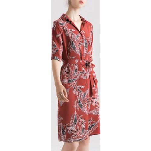 2020 Summer Real Silk Dress 100% Mulberry Silk Print Women Sashes Shirt Dress M L XL FREE SHIPPING