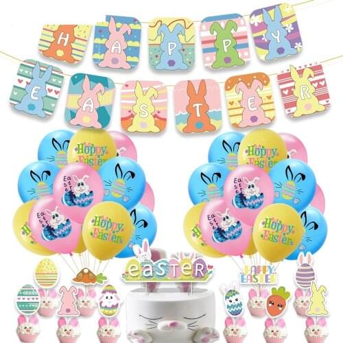 1set Easter Party Decoration Supplies Rabbit Latex Balloons Happy Easter Bunting Banner Cake Toppers for Home Decorations