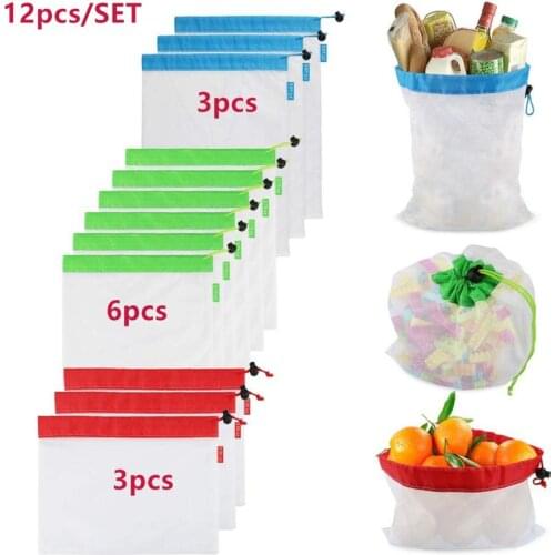 12pcs Reusable Polyester Mesh Produce Bag Fruit Vegetable Shopping Organize Bag Washable Durable Grocery Tote Carry Pouch Bag