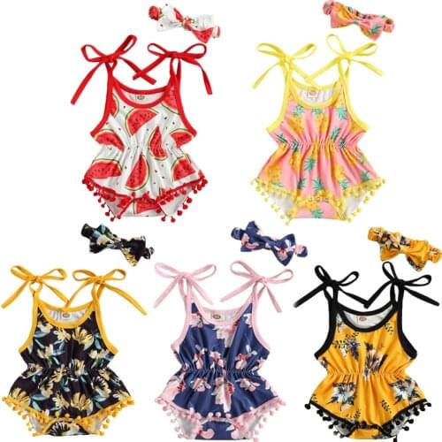 5 Style Lovely Baby Girls Bodysuits 2pcs Creative Fruit/Floral Printing Plush Ball Suspender Jumpsuits+Bow Headband