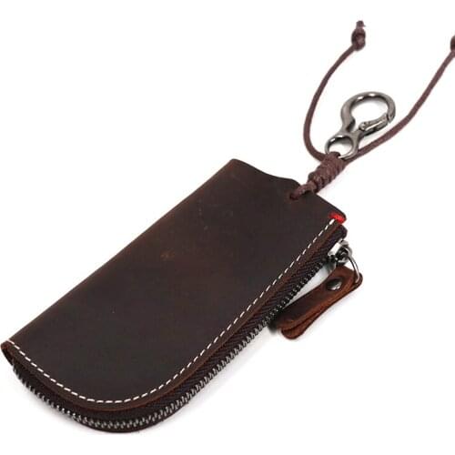 Genuine Leather Key Holder For Men Male Vintage Handmade Zipper Small Car Key Wallet Case Cover Bag Keys Organizer Housekeeper