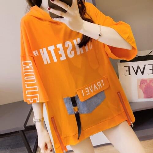 Hooded Tee Shirt Half Sleeve V-neck Letter Print Top Pocket Pullover Loose Office Lady Casual Outwear Tops
