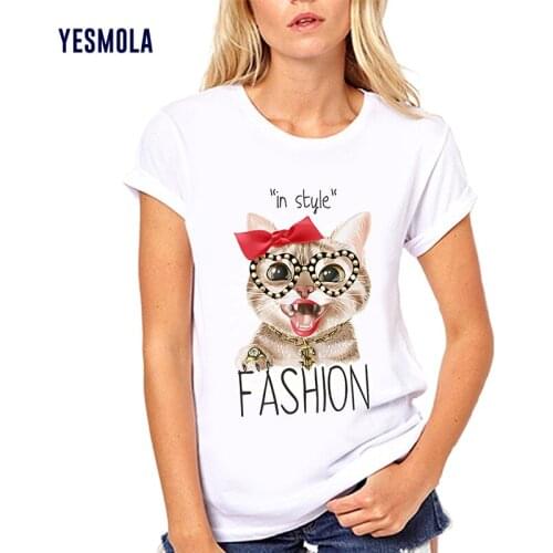 YESMOLA Fashion Cat T-shirt Women Clothes Printed Cute Tshirt Female Cartoon Casual Short Sleeve Funny T Shirt Soft Cotton Tops