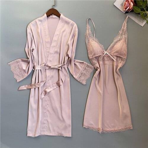 Kimono Gown Lady Sleepwear Nightgown Sexy Satin Wedding Robe Set Lace Home Dressing Gown Spring Summer Nightwear Sleep Set