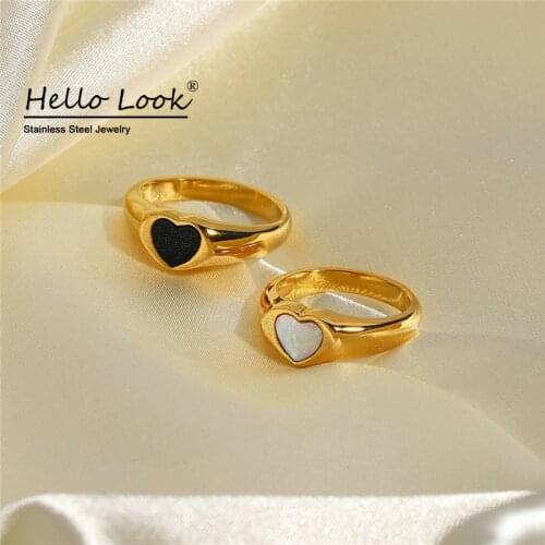 HelloLook Fashion Oil Drop Heart Rings Stainless Steel Black White Shell Heart Ring Finger Jewelry Size 6# 7# 8# High Quality