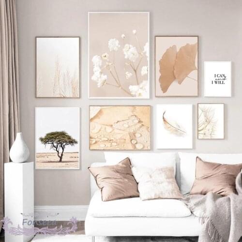 Beige Flower Reed Ginkgo Leaf Dandelion Feather Canvas Painting Wall Art Nordic Poster Tree Scenery Pictures for Living Room