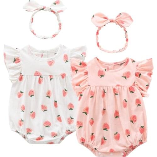 2021 Baby Girls Clothes Summer Cotton Bobysuits With Strawberry Pattern Newborn Climbing Jumpsuit 0-18m Princess Clothing 2pcs