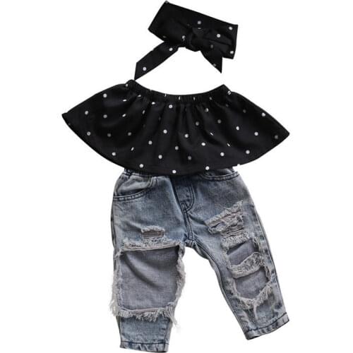 3PCS Set Fashion Children Girls Clothes 2017 Summer Off shoulder Polka Dot Tank Tops+Hole Jean Denim Pant Headband Kid Clothing