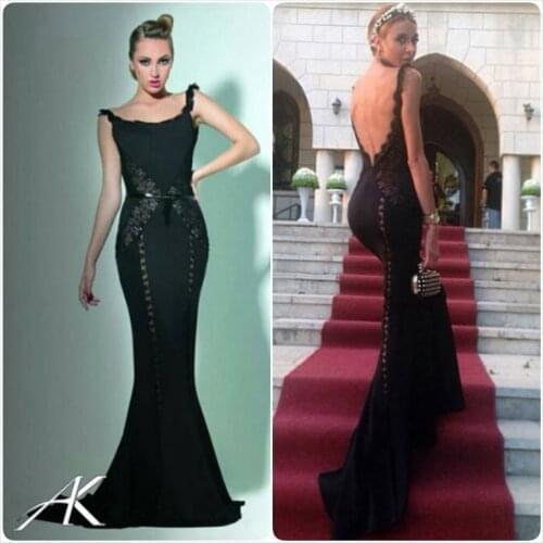 MGC11 Sexy Celebrity Dresses 2015 robe de soiree Open Back Black Mermaid Evening Party Dresses with Sweep Train