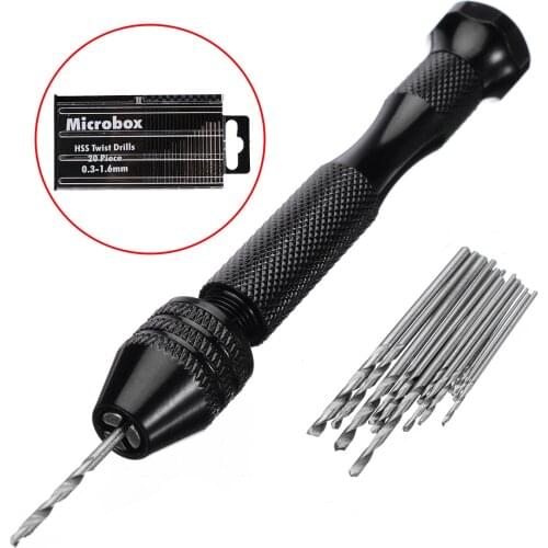 Mini Micro Hand Drill With Keyless Chuck + 20pc 0.3-1.6mm Twist Drill Bit Woodworking Drilling Rotary Tool HSS