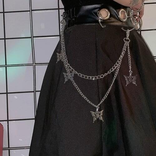 Harajuku Hip-hop Retro Double Layer Holow Butterfly Pants Chain Men Punk Stainless Steel Trousers Pants Chain Belt Key Ring