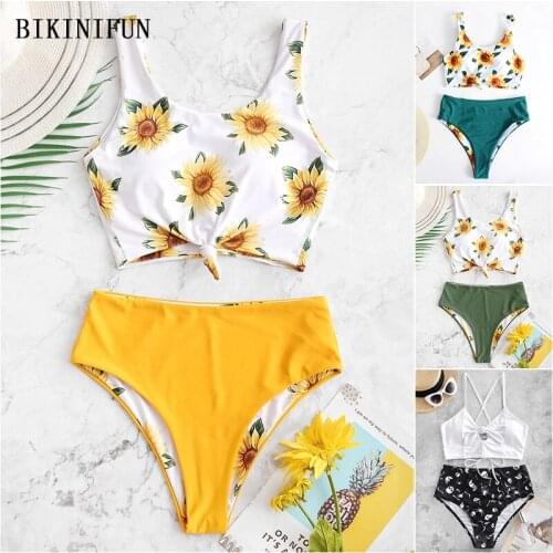 2020 New Sexy Floral Btralette Bikini Women Front Bow Knot Swimsuit Scoop Neck Swimwear S-XL Girl Pullover Reversible Bikini Set