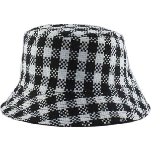 New Plaid Embroidery White Black Bucket Hat Reversible Fishing Caps Autumn Hats For Women Men Embroidery Fisherman Hat