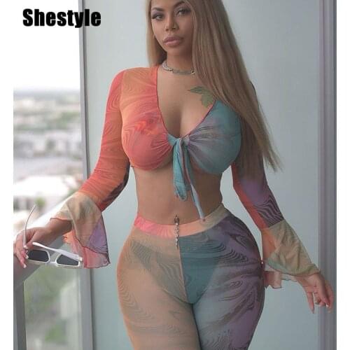 Shestyle Mesh Colorful 2 Pieces Sets Women Spring Summer Style Design Flare Sleeve V Neck Bandage See Through Clothing 2021