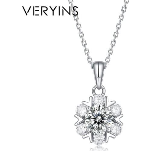 Veryins Classic Sterling S925 Silver with White Gold Coat Center 1ct Moissanite Pendant Snowflake Necklace for Women