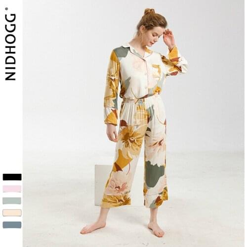 Elegant High-end Satin Ink Printing Lapel Pajama Suit Long Sleeve Women 2-piece Sleepwear Loungewear Korean Pijama Mujer Pj Set