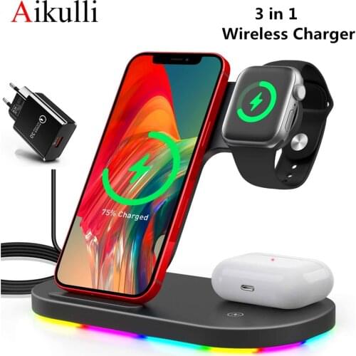 15W Fast Wireless Chargers Stand 3 in 1 for iPhone 12 11 Samsung Charging Dock Station for Apple Watch 6 5 4 3 2 AirPods Pro 2