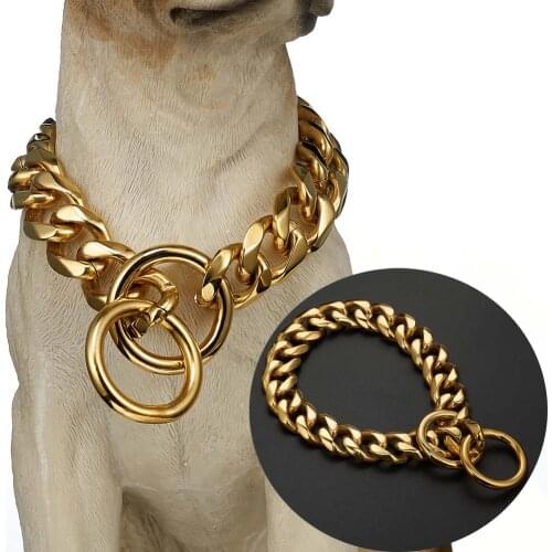 Plated Gold Dog Collar Stainless Steel Cuban Curb Link Pet Chain for Big Dogs French Bulldog Necklace 19mm Width 16"-28" Collar