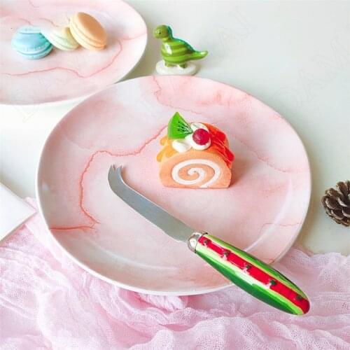 Pink Ceramic Plates Marble Texture Porcelain Cake Dessert Plate Snacks Steak Pizza Dinner Dishes Hotel Restaurant Serving Tray