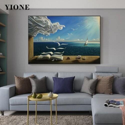 The Waves Book Oil Painting Custom Famous Surrealism Sailboat Seagull Sea Ocean Art Picture Wall Poster on Canvas Prints Decor