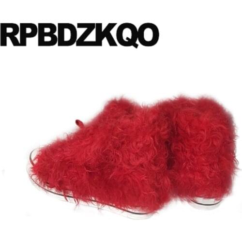 Lace up shoes platform height increased booties flat green fluffy furry women ankle boots 2021 round toe sheepskin red ladies