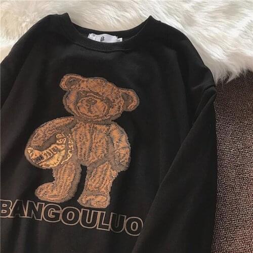 Womens Sweatshirt Bear Vintage Oversized Loose Line Sweatshirt Casual Harajuku Hoodies Women Korean Fashion O-Neck Pullovers