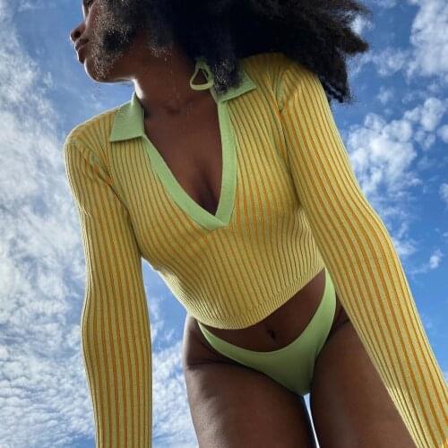 Women Long Sleeve Crop Top Knitted Y2K T-shirt Contrast Green Slim Fit Tops Trendy Vintage T-Shirt Casual Ladies Clothing