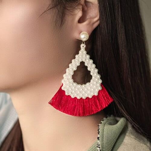 ZWC Fashion Bohemian Ethnic Tassel Pearl Long Earrings For Women White Red Silk Fabric Vintage Water Drop Earrings 2020 Jewelry
