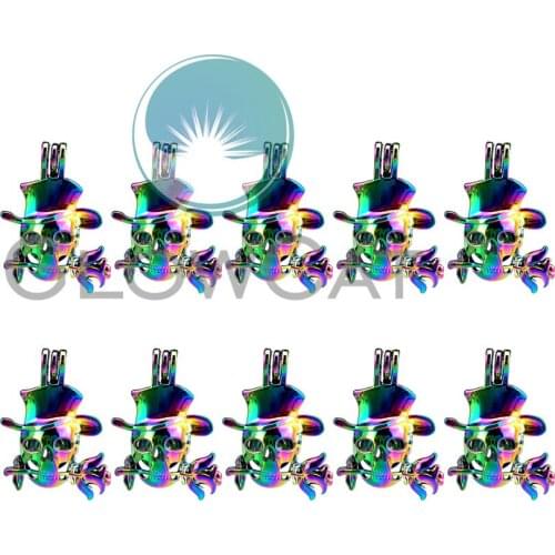 10x C848 Rainbow Skull Rose Symbol Loyal Love Beads Cage Jewelry Making Perfume Pearl Cage Locket Pendant