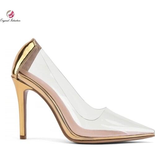 2021 New Gold PVC Transparent Pumps Heels Women Stylish Pointed Toe Shallow Party Wedding Shoes Leisure Lady Stiletto Plus Size