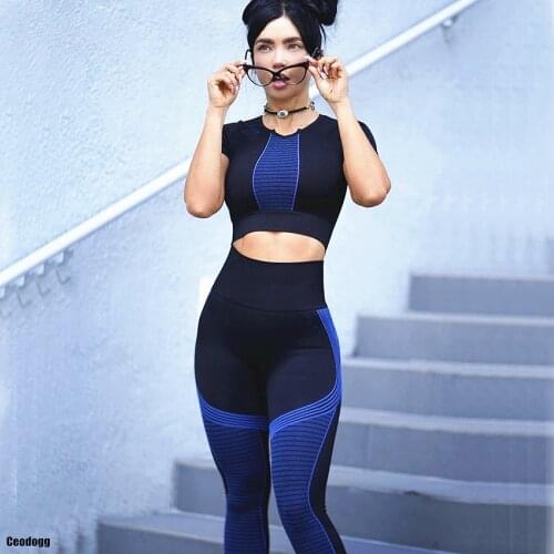 2021 Seamless Biker Yoga Set Sport Gym Workout Clothes Short Sleeve Fitness Crop Top T-Shirt Yoga Leggings Women Activewear Suit