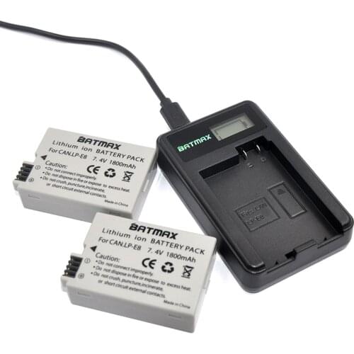 Batmax 2Pc LP-E8 LPE8 LP E8 Camera Battery Bateria AKKU + LCD USB Charger for Canon EOS 550D 600D 650D 700D Rebel X4 X5 X6i X7