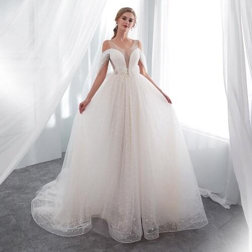 Alagirls 2020 Elegant White Tulle Wedding Dresses Sexy Off the Shoulder V Neck Wedding Gowns Court train vestidos de noiva