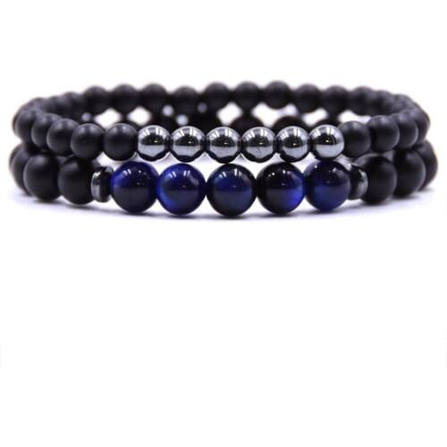 Natural Black Onyx With Tiger Eye Stone Beads Women Men Bracelet Jewelry Energy Round Beads Elasticity Rope Bracelet Gifts 2 Pcs