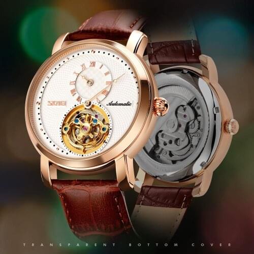 Brand Elegant Mechanical Watches Mens Automatic Wrist Watch Leather Strap Round Hollow Dial Men Business Male Clock reloj hombre