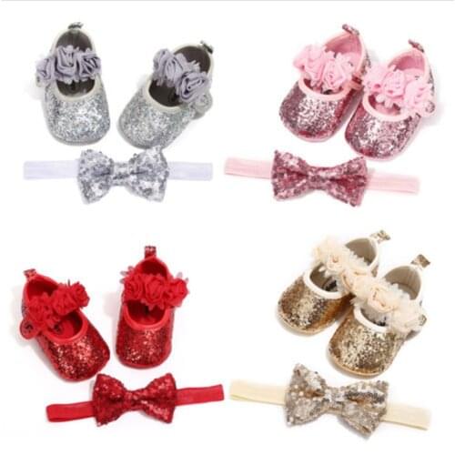 Baby Flat Velcro Shallow Shoes Solid Color Flower Decoration Bowknot Headband Fashion Sequin Toddler Shoes