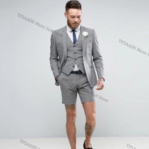 2021 Grey Coat Shorts Summer Elegant Mens Suit 3 Pieces (Jacket+Pants+Vest+Tie) Casual Soft Tuxedo Custom Blazer