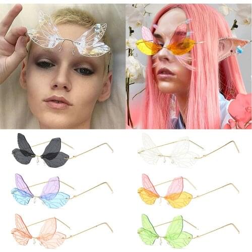 Personality Women Girls Dragonfly Steampunk Sunglasses Rimless Sunglasses UV400 Shades Rimless Gradient Clear Lens Glasses