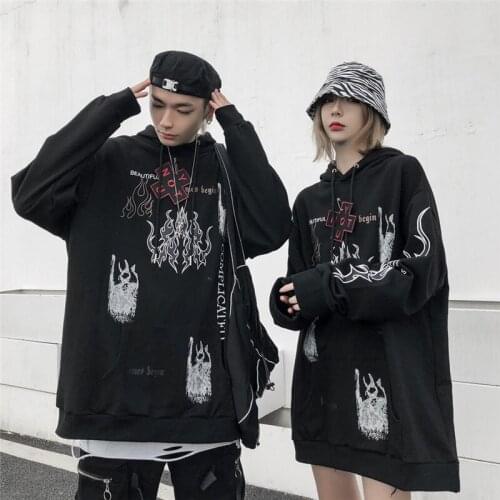 ERENEJIAN Mens Flame Graffiti Hoodies With Hood Loose Fit Oversized Harajuku Hip Hop Sweatshirt Hi Street Gothic Pullover Hoody