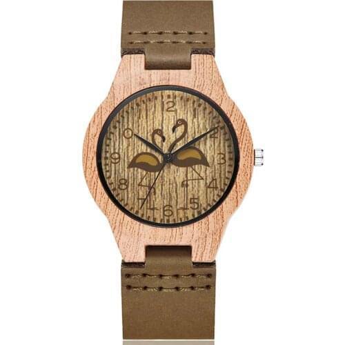 Mens Watches Top Brand Luxury Flamingo Imitation Wood Case Women Watch Artificial Wooden Leather Strap Watches Relogio Masculino