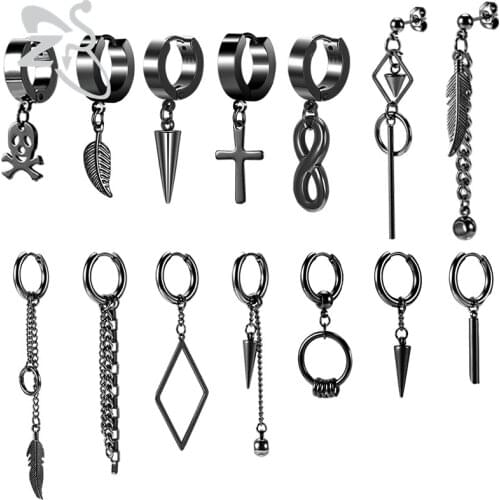 ZS Black Color KPOP DNA Stud Earring Set Stainless Steel Hoop Earrings For Men Women Ear Clip Cuff Cartilage Earring Punk Rock